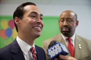 Housing and Urban Development Secretary Julian Castro visits the Montgomery Early Learning Centers' Families First Center Philadelphia to highlight an initiative to improve early childhood education in West Philadelphia, one of the nation's federally-designated "Promise Zones." (AP Photo/Matt Rourke)