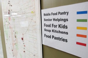 This June 21, 2013 photo shows a map at Roadrunner Food Bank in Albuquerque, N.M., that depicts food distribution points across New Mexico. (AP Photo/Susan Montoya Bryan, File)
