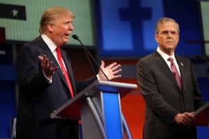 Republican presidential candidate Donald Trump speaks as Jeb Bush watches during the FOX News Channel Republican presidential debate in Cleveland. (AP Photo/Andrew Harnik)