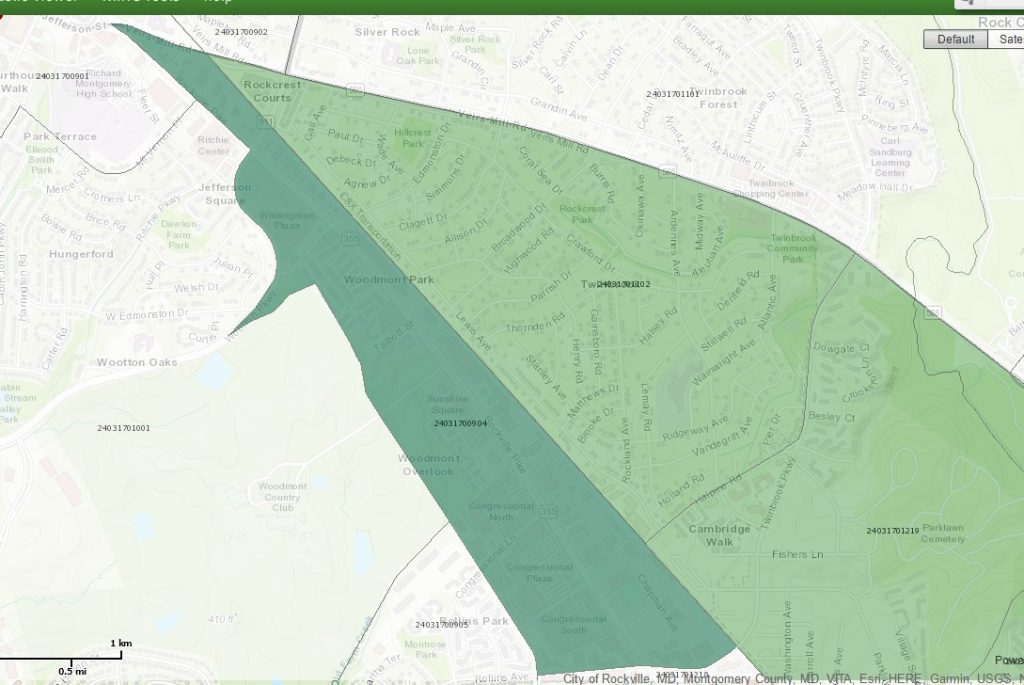 A map of Census tract #24031700904, RockVille Maryland